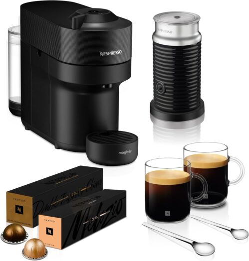 Nespresso Coffee Machine Barista Bundle includes Vertuo Pop black by Magimix, Milk Frother, 2xNespresso Mugs, 2xSpoons, Melozio Coffee Pods and Chiaro Coffee Pods, 11743