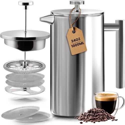KICHLY Stainless Steel French Press – Double Wall Coffee Press – Stainless Steel Plunger Coffee & Tea Maker Silver, 1.0 Litre (Pack of 1)