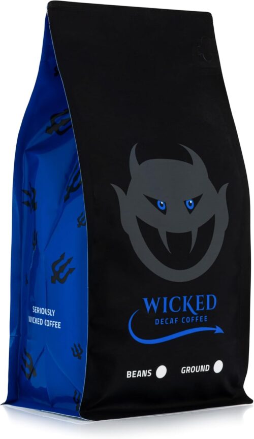 Wicked Coffee DECAF Strong Coffee Beans 500g Bag, Dark Medium Roast, Hand Roasted Swiss Water Decaffeinated, Resealable Bag