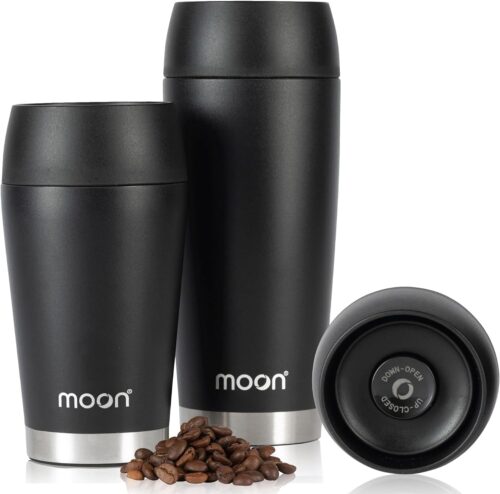 Moon 360° Travel Mug – Leakproof Insulated Coffee Mugs for Hot & Cold Drinks – Thermal Reusable Travel Cups, Fits Car Cup Holders, Free Carry Bag (450ml, Black)