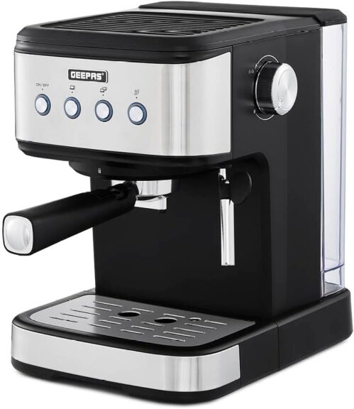 GEEPAS Espresso & Cappuccino Coffee Machine with Milk Frother, 20 Bar Pressure | 1.5L Water Tank Capacity, Stainless Steel Housing | 1100W, Silver, Ideal for Barista Quality Beverages