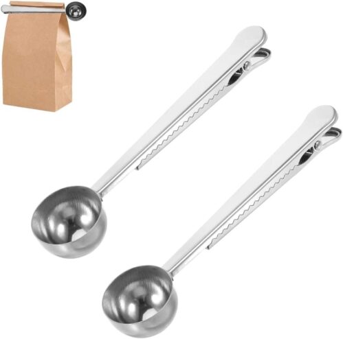 2 PCS Coffee Measuring Spoon Sealing Clip, Coffee Bag Clip Stainless Steel Ground Coffee Coffee Scoop Spoon with Bag Sealing Clip 2 in 1 Dual-Purpose Measuring Spoon Coffee Accessories – Silver-Gold-R