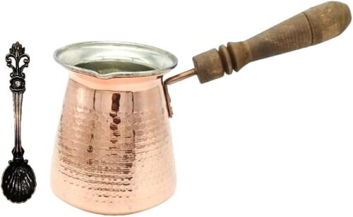 Leo Design Turkish Coffee Pot 5 Sizes, Coffee Maker Greek Arabic Coffee Stovetop Thick 3mm Solid Hammered Handmade Engraved Copper Cezve Ibrik Briki with Wooden Handle for 2-8 People (2 Cup / 180ml)