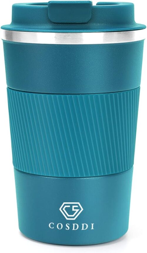 CS COSDDI Travel Mugs, Insulated Coffee Cup with Leakproof Lid – Reusable Coffee Cups Travel – Car Coffee Cup – Stainless Steel Coffee Mug for Hot and Cold Coffee Water and Tea (Blue-A, 380 ml)