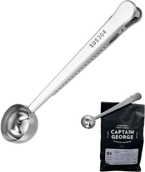Shonye 7 Inch Coffee Scoop with Bag Clip, Silver Coffee Scoop in SUS 304, Coffee Accessory Coffee Spoon for Measuring,Sealing, Coffee Measuring Spoon for Coffee Beans, Milk Powder