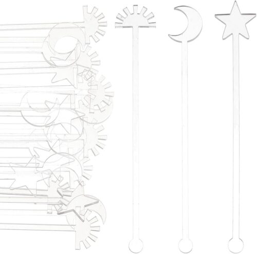DELORIGIN 30pcs Acrylic Drink Stirrers Reusable Cocktail Stirrer 3 Styles Moon Star Sun Coffee Stirring Stick Top Stirrer Cake Pops Transparent Bar Drink Mixing Rod for Whiskey Beverage Birthday Party