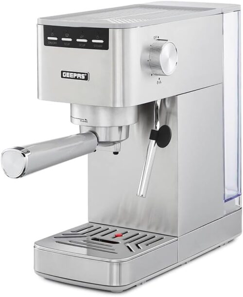GEEPAS Espresso & Cappuccino Coffee Machine with Milk Frother, 15 Bar Pressure | 1.4L Water Tank Capacity, Thermo Block Heating & Pre-Brew| Detachable Drip Tray | 1450W, Silver