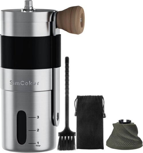 SimCoker Manual Coffee Grinder,Ceramic Burrs,Mini Hand Coffee Mill,Adjustable Grind Setting,Portable Coffee Bean Grinder for Aeropress,304 Stainless