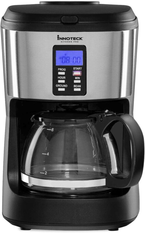 Innoteck Kitchen Pro Digital Grind and Brew 2 in 1 Automatic Drip Coffee Machine with Glass Jar, Black/Chrome – 750ml – DS-5936