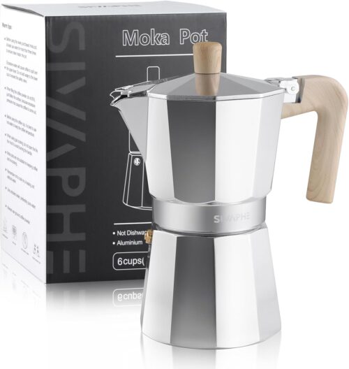Sivaphe Stovetop Coffee Maker 300ml/6 Cups, Aluminium Moka Pot Italian Espresso Maker with Heat-Resistant Handle, Sliver