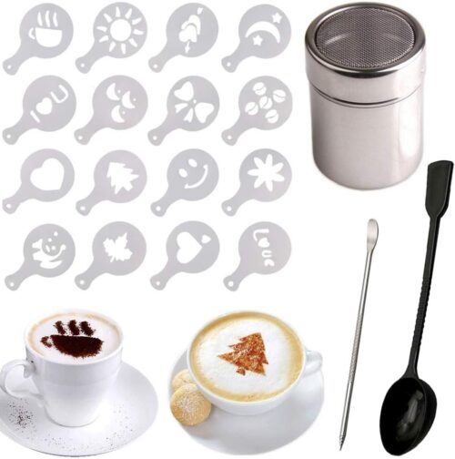 Stainless Steel Chocolate Shaker Duster, 16 Cappuccino Coffee Barista Stencils Coffee, Measuring Spoon, Art Stencils Pen