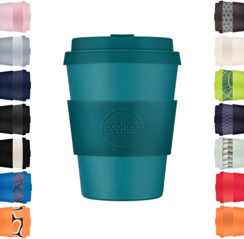 Ecoffee Cup 12oz 350ml Reusable Eco-Friendly 100% Plant Based Coffee Cup with Silicone Lid & Sleeve – Melamine Free & Biodegradable Dishwasher/Microwave Safe Travel Mug, Bay of Fires