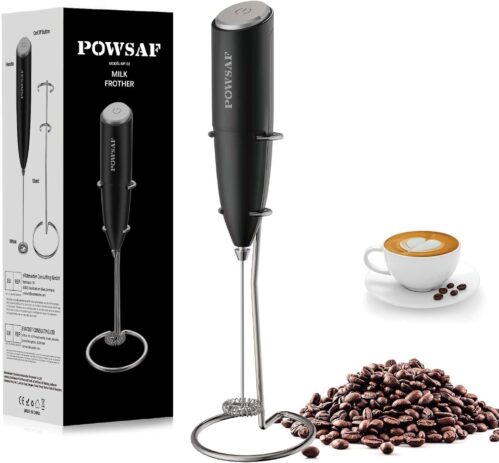 Milk Frother Handheld for Coffee with Stand – POWSAF Hand frother Wand, Electric Whisk Drink Mixer Mini Foamer for Cappuccino, Frappe, Matcha, Hot Chocolate, Silver/Black