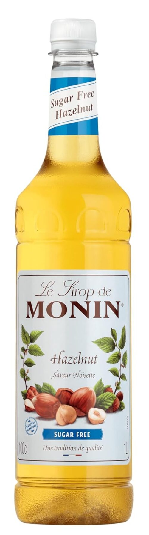 MONIN Premium Hazelnut Sugar Free Syrup 1L for Coffee and Cocktails. Vegan-Friendly, 100% Natural Flavours and Colourings. Sugar-Free Hazelnut Coffee Syrup