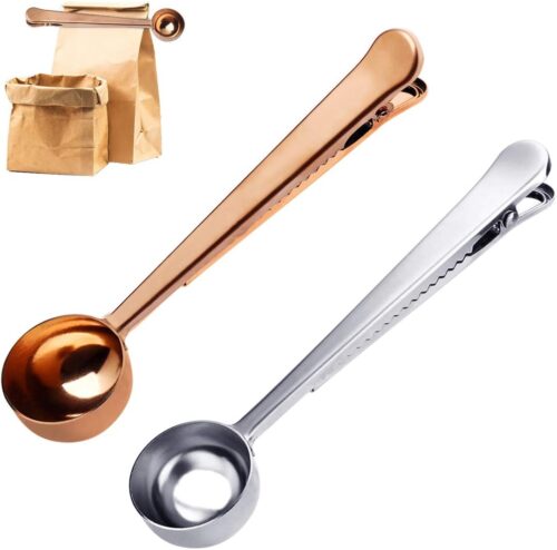 2PCS Coffee Scoop with Bag Clip, Stainless Steel Coffee Measuring Spoon Ground Coffee Sealer for cafetiere Ground Coffee and Beans(Silver+Rose Gold）