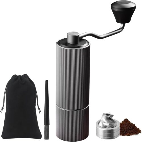 ELMWAY Manual Coffee Grinder – Stainless Steel Conical Burr for Precision Grinding, Elegant Textured Aluminum Body for Enhanced Grip, Dual-Bearing Stability, Includes Travel Pouch – Silver