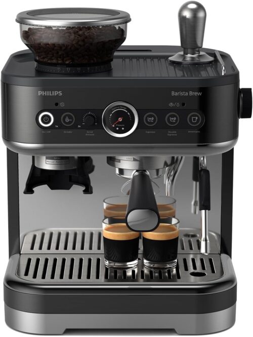PHILIPS Barista Brew Semi Automatic Espresso Machine – Single & Double Espresso + Americano Button, 250g Bean Container, Intuitive Guidance, Calibrated Tamping, Metal Black (PSA3218/10)
