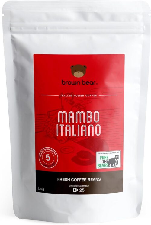 Strong Espresso Dark Roast Coffee Beans 227g – Strength 5 – Mambo Italiano Blend – For All Coffee Machines – Brown Bear Coffee – Donation to Free The Bears