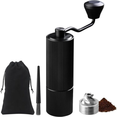 ELMWAY Manual Coffee Grinder – Stainless Steel Conical Burr for Precision Grinding, Elegant Textured Aluminum Body for Enhanced Grip, Dual-Bearing Stability, Includes Travel Pouch – Black