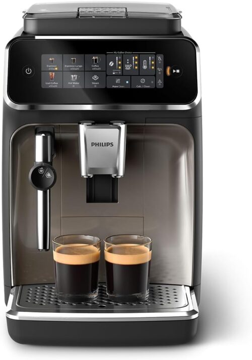 PHILIPS 3300 Series Fully Automatic Espresso Machine – 5 Beverages, Intuitive Touch Display, Classic Milk Frother, SilentBrew, 100% Ceramic Grinder, AquaClean Filter, Black Chrome (EP3326/90)