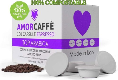 Amorcaffe 100 Compostable Compatible Coffee Capsules Pods for Lavazza A Modo Mio – Top Arabica taste – Plastic free