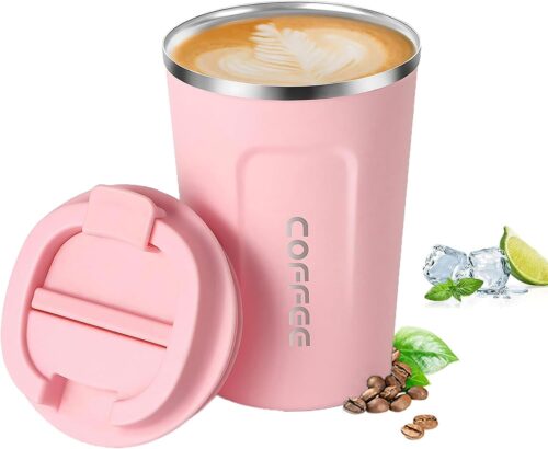 DDUP Travel Mugs,Insulated Coffee Cup with Leakproof Lid, Reusable Coffee Cups Travel, Portable Car Coffee Cup, Stainless Steel Thermal Mug for Hot and Cold Coffee Water and Tea-380ml(Pink)