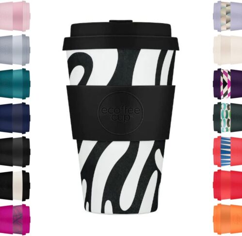 Ecoffee Cup 14oz 400ml Reusable Eco-Friendly 100% Plant Based Coffee Cup with Silicone Lid & Sleeve – Melamine Free & Biodegradable Dishwasher/Microwave Safe Travel Mug, Manasa’s Run