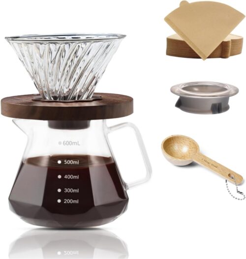 CHDEXU Pour Over Coffee Maker Set 20 oz, 600 ml Borosilicate Glass Coffee Server with Glass Lid, 50 pcs V60 Paper Filter, Walnut Handle Pour Over Coffee Dripper for Home Café Restaurant, Clear