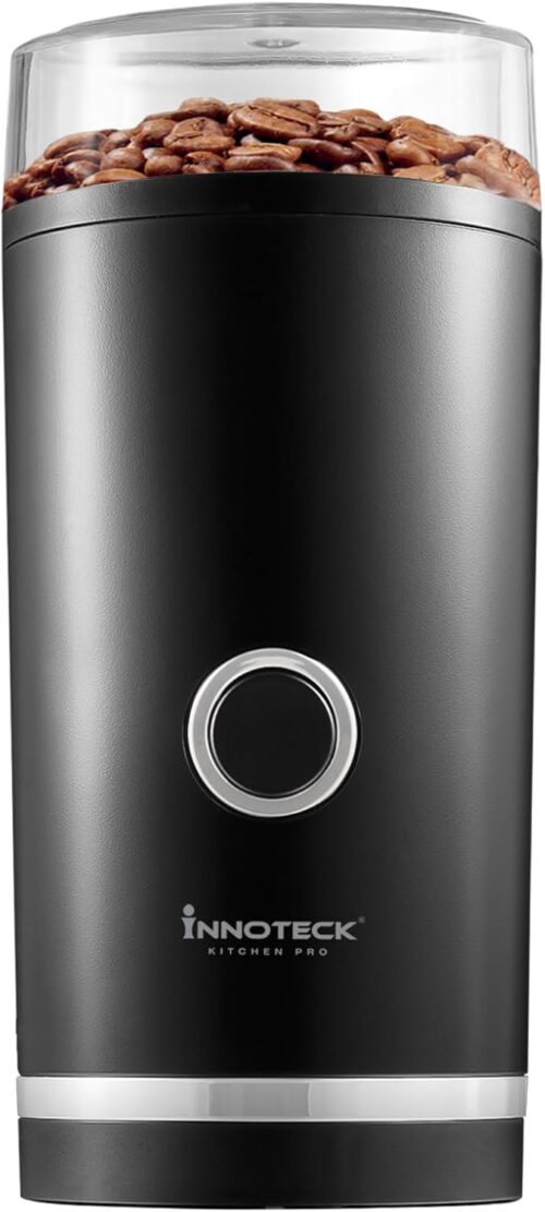 Innoteck Kitchen Pro Electric Coffee & Spice Grinder, Stainless Steel Blades plus Powerful Motor, One Touch Operation, and 70g Capacity for Grinding Coffee, Spices, Herbs, and Nuts, 180 watts, Black