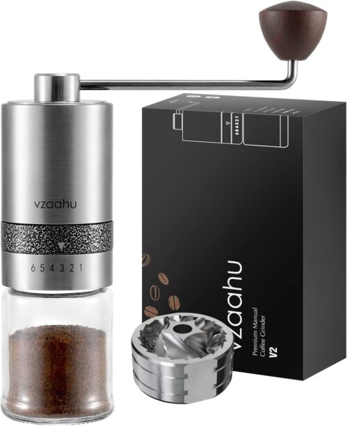 Vzaahu Manual Coffee Grinder, CNC Stainless Steel Burr Mill, 6 Coarseness Adjustable Settings, Portable Hand Coffee Grinder, Gift