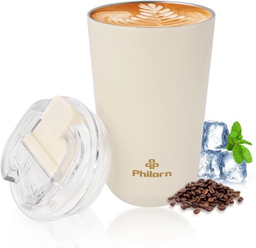 Philorn Coffee Cup, 380ml Insulated Travel Mug with Leakproof Lid & Double Wall, Reusable Vacuum Stainless Steel Coffee Mug for Hot and Cold Drinks, White