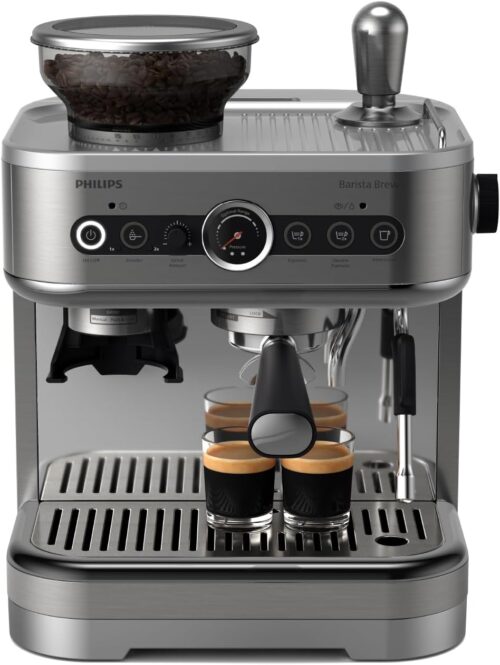 Philips Barista Brew Espresso Machine – Intuitive Guidance. Calibrated Tamping. Elegant Design. 280g Dual Bean Container. Semi Automatic Espresso Machine. Metal Silver (PSA3228/01)