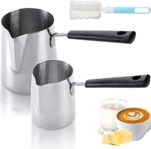 Dicunoy Set of 2 Milk Butter Warmer Pot, 350ml/650ml Turkish Coffee Pot with Cleaning Brush, Stovetop Chocolate Melting Pan, Cezve Ibrik Briki Greek Arabic Coffee Heater for Maple Syrup, Sauce Heating