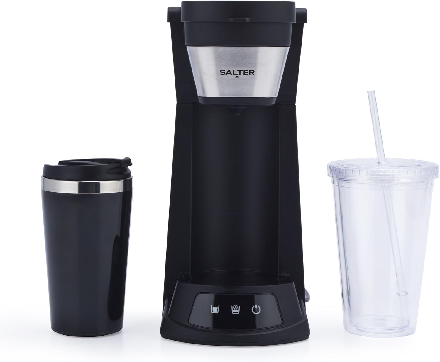 Salter EK6214 2 in 1 Iced Coffee Maker – Cold Brew Espresso Machine, Hot or Cold Function, Includes 420 ml Travel Mug and 440 ml Plastic Cup with Straw, Ground Coffee/Pads, Reusable Mesh Filter, 700W