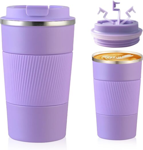 Senshuomy Travel Mug, Insulated Coffee Cup with Leakproof Lid, Reusable Coffee Cups Travel Cup, Stainless Steel thermaol Mug for Hot Cold Drinks (Purple 380ml)