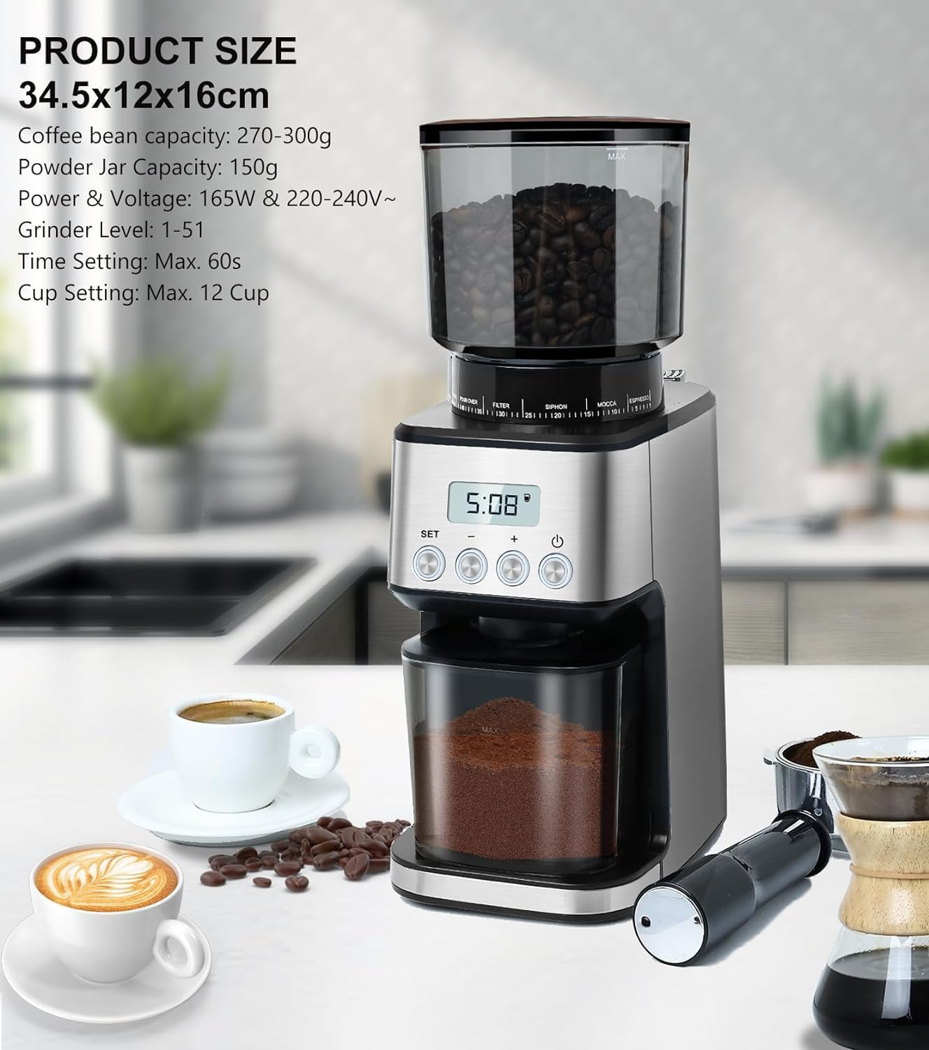 Homtone Conical Burr Coffee Grinder Electric for Portafilter and Container, 51 Grind Settings Adjustable Coffee Grinder for Drip/Pour Over/Espresso/French Press, Anti-Static, 12 Cup - Image 9