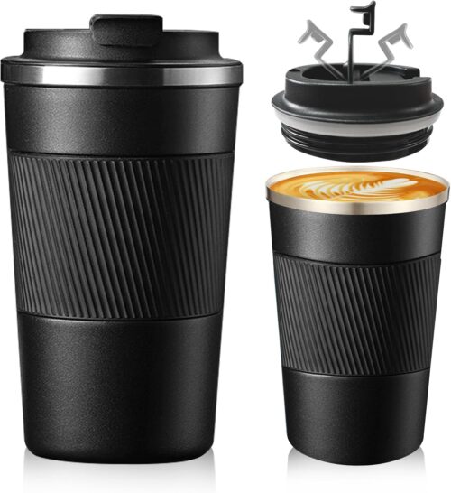 Senshuomy Travel Mug, Insulated Coffee Cup with Leakproof Lid, Reusable Coffee Cups Travel Cup, Stainless Steel thermaol Mug for Hot Cold Drinks (Black 380ml)