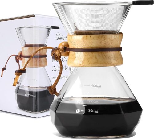 Lalord Pour Over Coffee Maker with Reusable Stainless Steel Filter, 400 ml Borosilicate Glass Coffee Carafe, Wooden Collar, Coffee Dripper Brewer, Hold 2 Cups