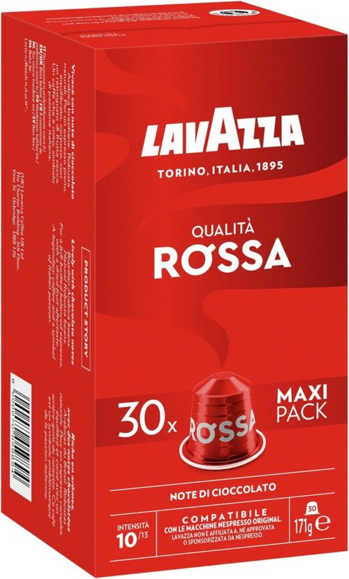 Lavazza, Qualità Rossa, 30 Aluminium Capsules Compatible with Nespresso Original Machines, with Chocolate and Dried Fruit Notes, Arabica and Robusta, Intensity 10/13, Medium Roasting