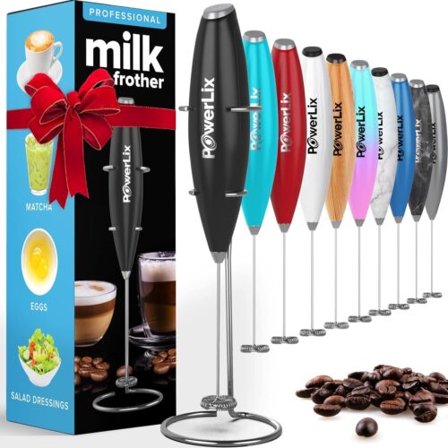 PowerLix Milk Frother Handheld Whisk – Electric Milk Frother Foamer with Stainless Steel Stand,15-20s, Powerful 19000rpm, Mini Drink Mixer Coffee Frother for Latte, Cappuccino, Hot Chocolate