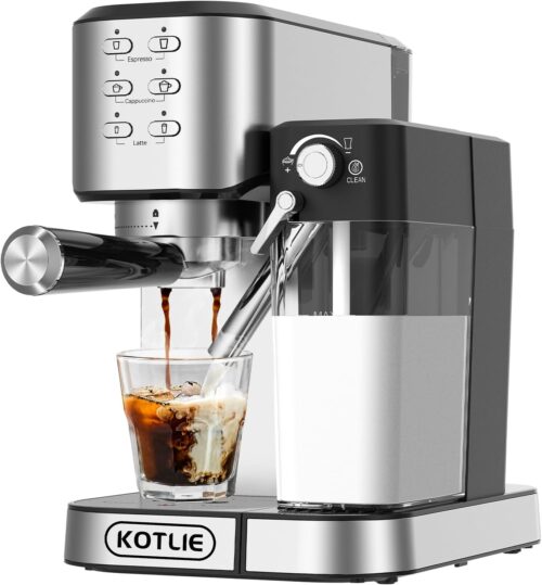 KOTLIE Espresso Coffee Machine with Automatic Milk Frother, 20Bar One-Touch Coffee Machines for Espresso, Cappuccino and Latte, ESE Pod Compatible, Black (CM5180-UK)