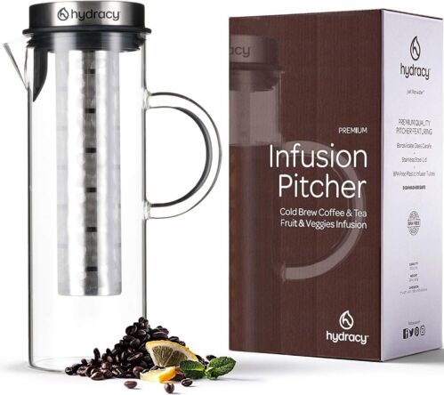 Hydracy Glass Infusion Carafe 1.5L with Handle- Cafetières Hot Coffee Server – Iced Coffee & Iced Tea Jug with Stainless Steel Lid and Filter – Extra Fruit Infusion Tube – Dishwasher Safe Pitcher