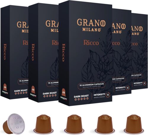 Grano Milano Ricco 50 Aluminium Coffee Pods Compatible with Nespresso Original line, Dark Roast – Intensity 11/12, Espresso Coffee Capsules – Made in Italy