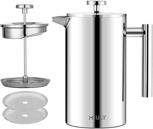 MaxMiuly Cafetiere French Press Small Szie 350ml/12oz,Stainless Steel Double Wall Heat Resistant Coffee Press with 3 Filter Screens (1 Cup Silver)