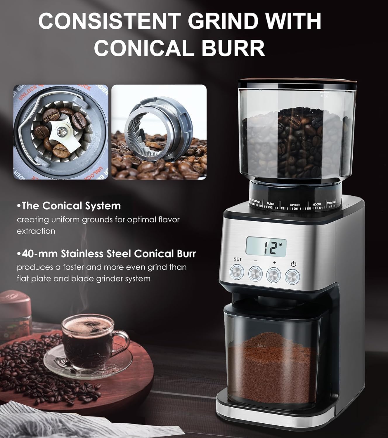 Homtone Conical Burr Coffee Grinder Electric for Portafilter and Container, 51 Grind Settings Adjustable Coffee Grinder for Drip/Pour Over/Espresso/French Press, Anti-Static, 12 Cup - Image 5