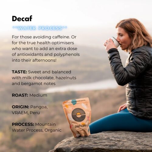 EXHALE Organic Chemical-Free Ground Decaf Coffee – NEW LARGE 450G PACK – Single Origin and 100% Arabica Beans. For Cafetiere, Filter or AeroPress – Decaf Medium Roast