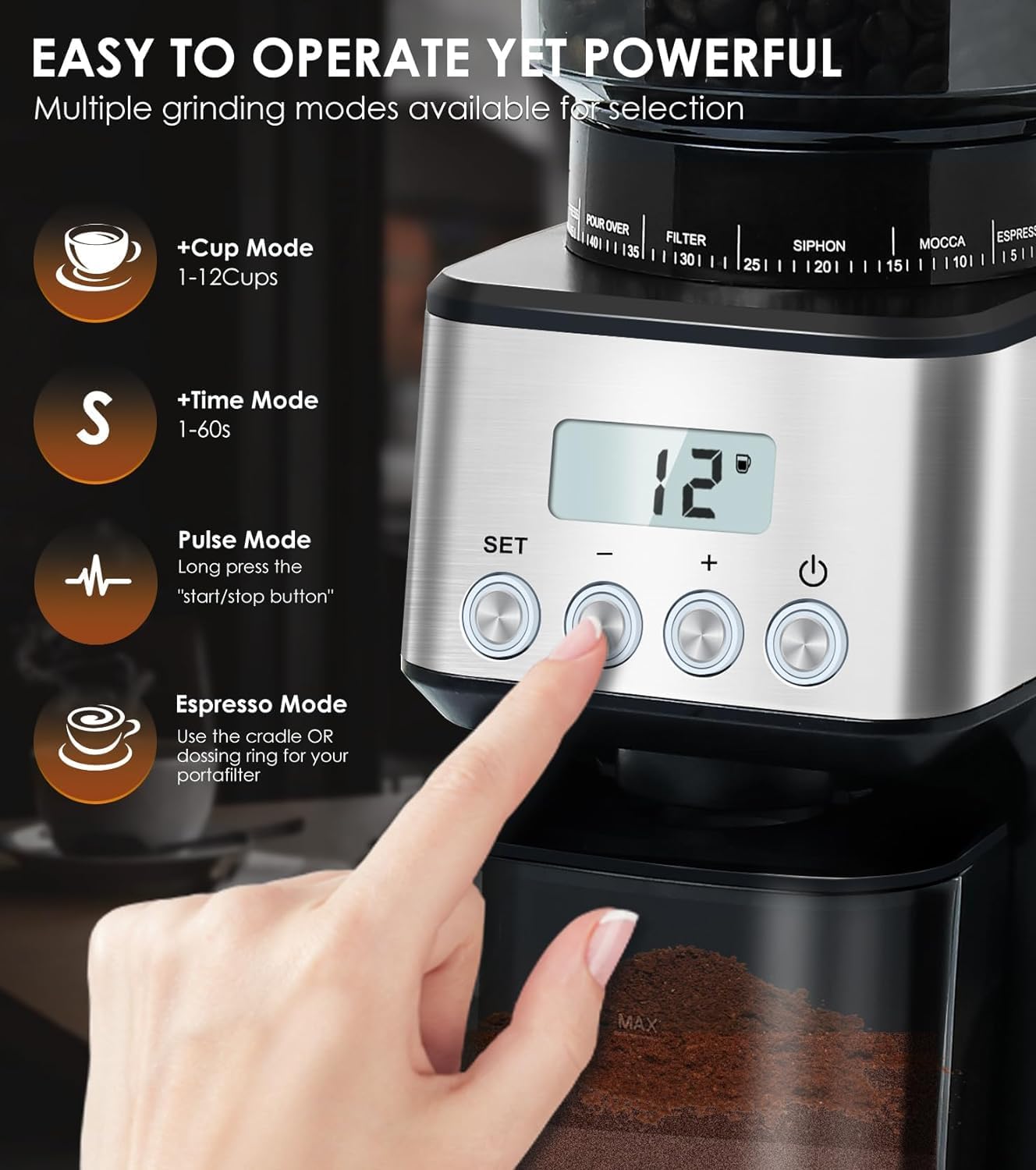 Homtone Conical Burr Coffee Grinder Electric for Portafilter and Container, 51 Grind Settings Adjustable Coffee Grinder for Drip/Pour Over/Espresso/French Press, Anti-Static, 12 Cup - Image 3