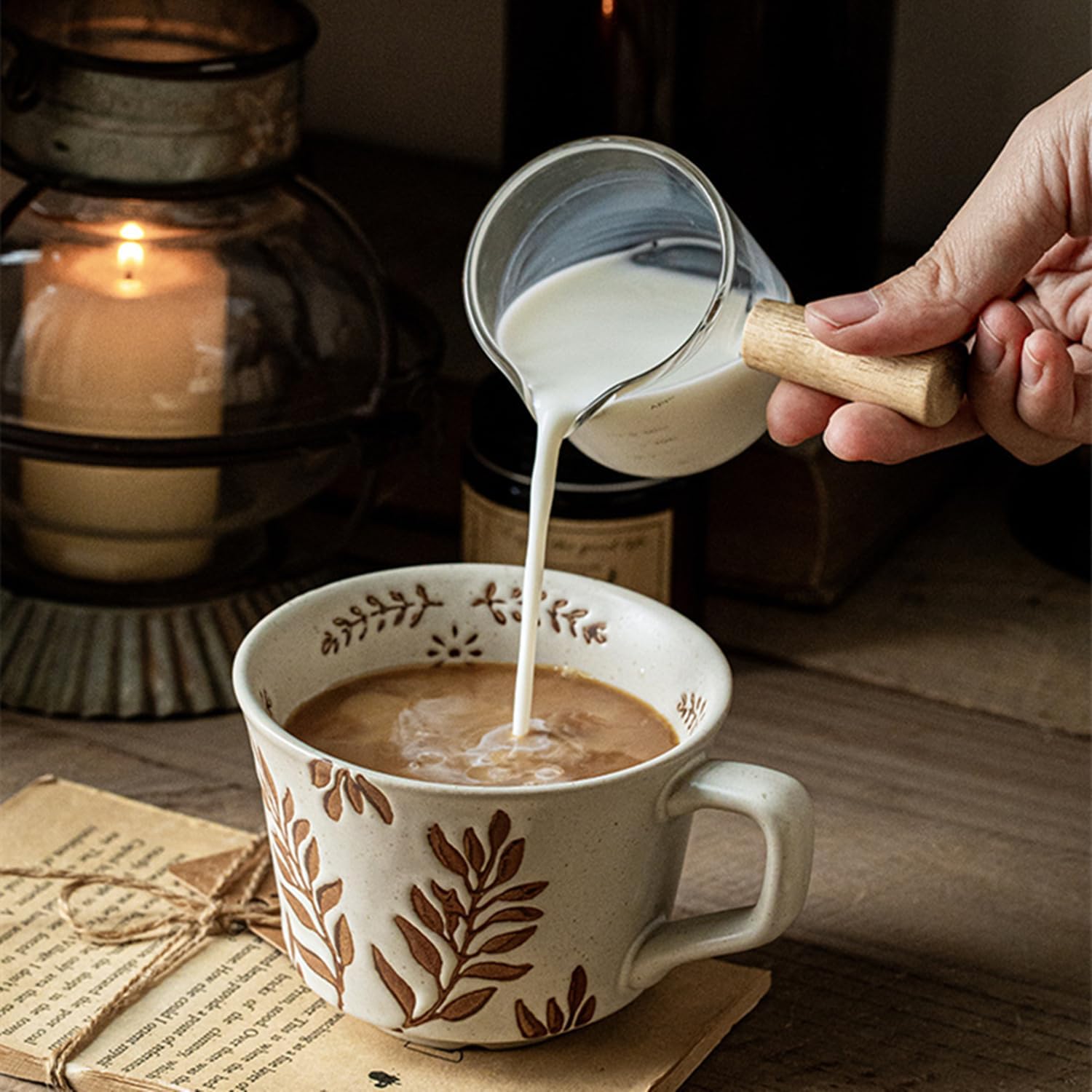 Swuut 12oz Rustic Ceramic Coffee Mug Set of 2 - Handmade Pottery Countryside Coffee Mugs with Big Handle for Latte,Tea,Milk,Hot Cocoa,Dishwasher & Microwave Safe(Plants) - Image 4