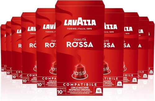 Lavazza, Qualità Rossa, 100 Aluminium Coffee Capsules Compatible with Nespresso Original Machines, Chocolate Notes, Arabica & Robusta, Intensity 10/13, Medium Roasting, 10 Packs