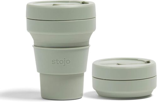 STOJO On-The-Go Collapsible Coffee Cup – 12oz / 355ml – Reusable & Foldable Silicone Travel Mug with Lid – Portable, Pocket Size – Dishwasher Safe – Sage